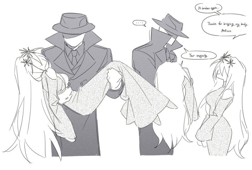 1boy 2girls air_zizon bare_shoulders carrying clone closed_mouth clothing_cutout coat collared_shirt cowboy_shot crown dress eunoia_(frozen_soul) facing_another fedora frozen_soul hat highres lapels long_hair long_sleeves mafioso_(frozen_soul) multiple_girls necktie notched_lapels princess_carry roblox shirt shoulder_cutout smile very_long_hair
