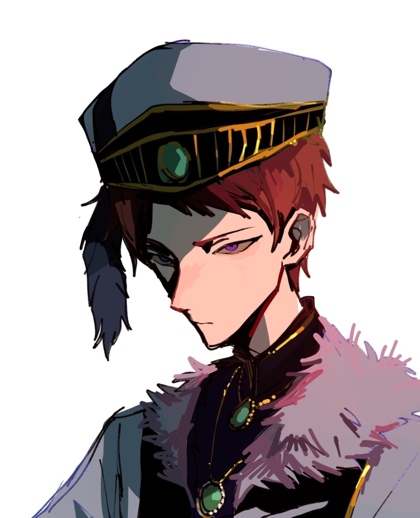 1boy beiquqian black_shirt black_vest brooch character_request closed_mouth copyright_request fur-trimmed_vest fur_trim gem gem_hat_ornament green_gemstone grey_hat grey_jacket hat hat_feather highres jacket jewelry male_focus portrait purple_eyes red_hair shirt short_hair simple_background solo vest white_background