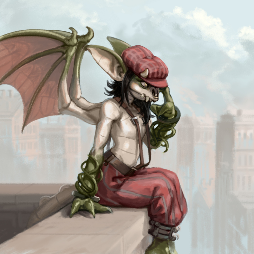1girl animal_ears bat_ears bat_wings belt black_hair brick brown_belt newsboy_cap city cityscape claws cloud cloudy_sky colored_skin deadlock demon_wings fangs feet_out_of_frame flat_chest gargoyle grey_skin hat highres horns ivy ivy_(deadlock) kujalla loose_pants medium_hair monster moss no_nipples nose_piercing nose_ring outdoors pants piercing pointy_ears red_hat red_pants red_wings sitting sky solo striped_clothes striped_pants suspenders tail topless_female tusks vertical-striped_clothes vertical-striped_pants wings yellow_eyes