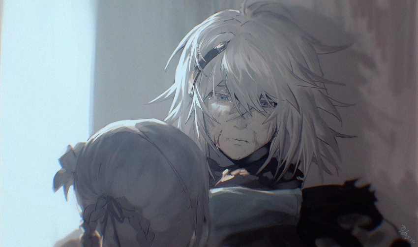 1boy 1girl against_wall ahoge black_gloves black_hairband blood blood_on_face blue_eyes blue_sleeves blurry blurry_background braid braided_hair_rings crossed_bangs crying dated dele14375735 flower fur-trimmed_collar fur_trim gloves hair_between_eyes hair_flower hair_ornament hair_rings hairband highres kaine_(nier) looking_down lunar_tear male_focus medium_hair nier nier_(brother) nier_(brother)_(post_timeskip) nier_(series) pinned restrained sad scene_reference signature spiked_hair spoilers streaming_tears tears white_flower white_hair