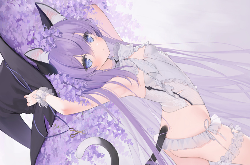 1girl animal_ear_fluff animal_ears armpits arms_up ass bare_shoulders black_hat blue_eyes blush bow bowtie breasts byulzzi cat_ears cat_girl cat_tail closed_mouth cowboy_shot dutch_angle flower flower_in_hat frilled_panties frills from_side hair_between_eyes hair_ornament hat holding holding_unworn_clothes holding_unworn_hat leotard lingerie long_hair looking_at_viewer looking_to_the_side original panties purple_flower purple_hair revealing_clothes ribbon scissors see-through_clothes see-through_shirt shirt side-tie_panties sidelocks sleeveless small_breasts solo tail thigh_strap thighs twisted_torso underwear unworn_hat unworn_headwear very_long_hair white_bow white_bowtie white_panties wisteria witch witch_hat wrist_cuffs