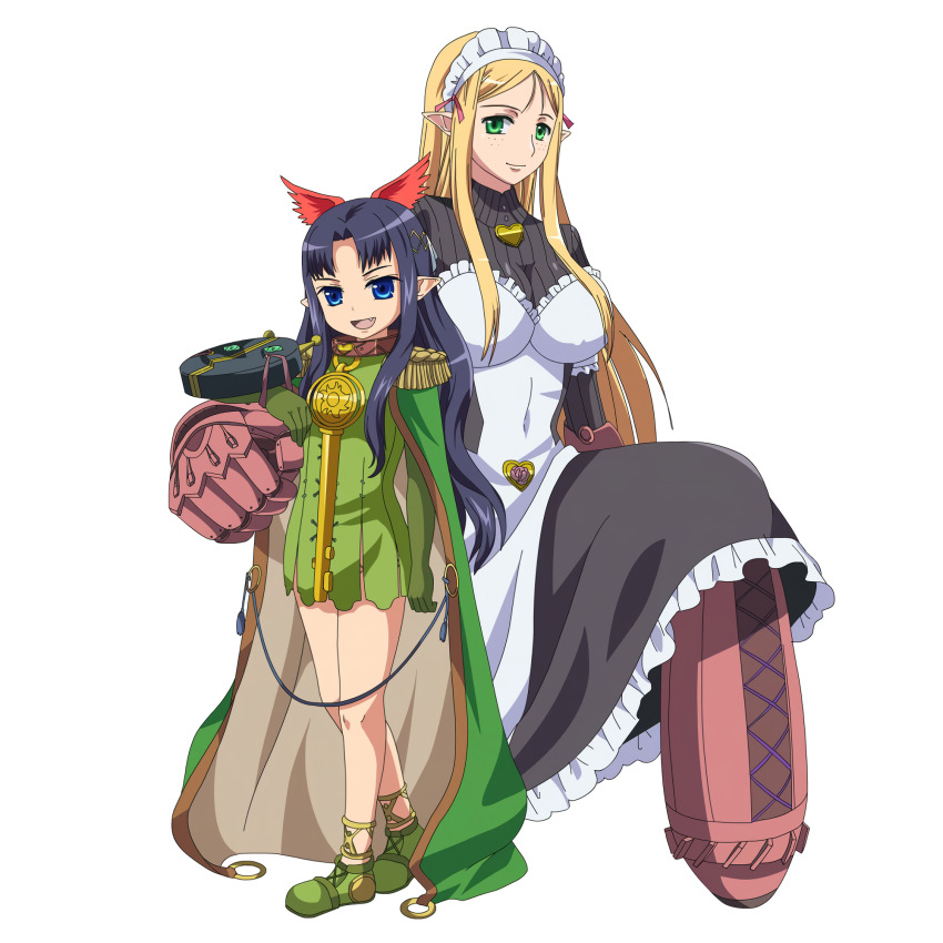 10s 2girls apron blonde_hair blue_eyes blush breasts cape clenched_hand flower freckles frills green_eyes gun highres koume_keito large_breasts long_hair maid maid_apron multiple_girls official_art pointy_ears queen&#039;s_blade queen&#039;s_blade_lost_worlds queen&#039;s_blade_rebellion thighhighs translation_request vante weapon yuit_(queen&#039;s_blade)