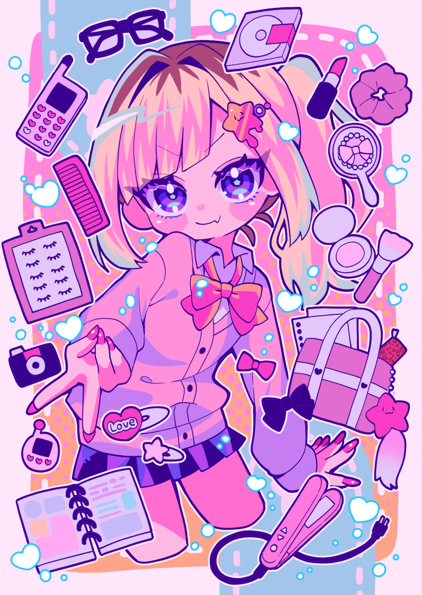1girl absurdres bag blonde_hair bow bowtie camera cardigan cd cd_case cellphone closed_mouth comb cosmetics cowboy_shot cropped_legs fake_eyelashes glasses gyaru gyaru_v hair_straightener handbag heisei highres lipstick_tube long_sleeves looking_at_viewer makeup_brush miniskirt mukai_nanase nail_polish notebook original phone pink_nails pleated_skirt purple_eyes red_bow red_bowtie skirt smile solo standing tamagotchi_(virtual_pet) unworn_eyewear v