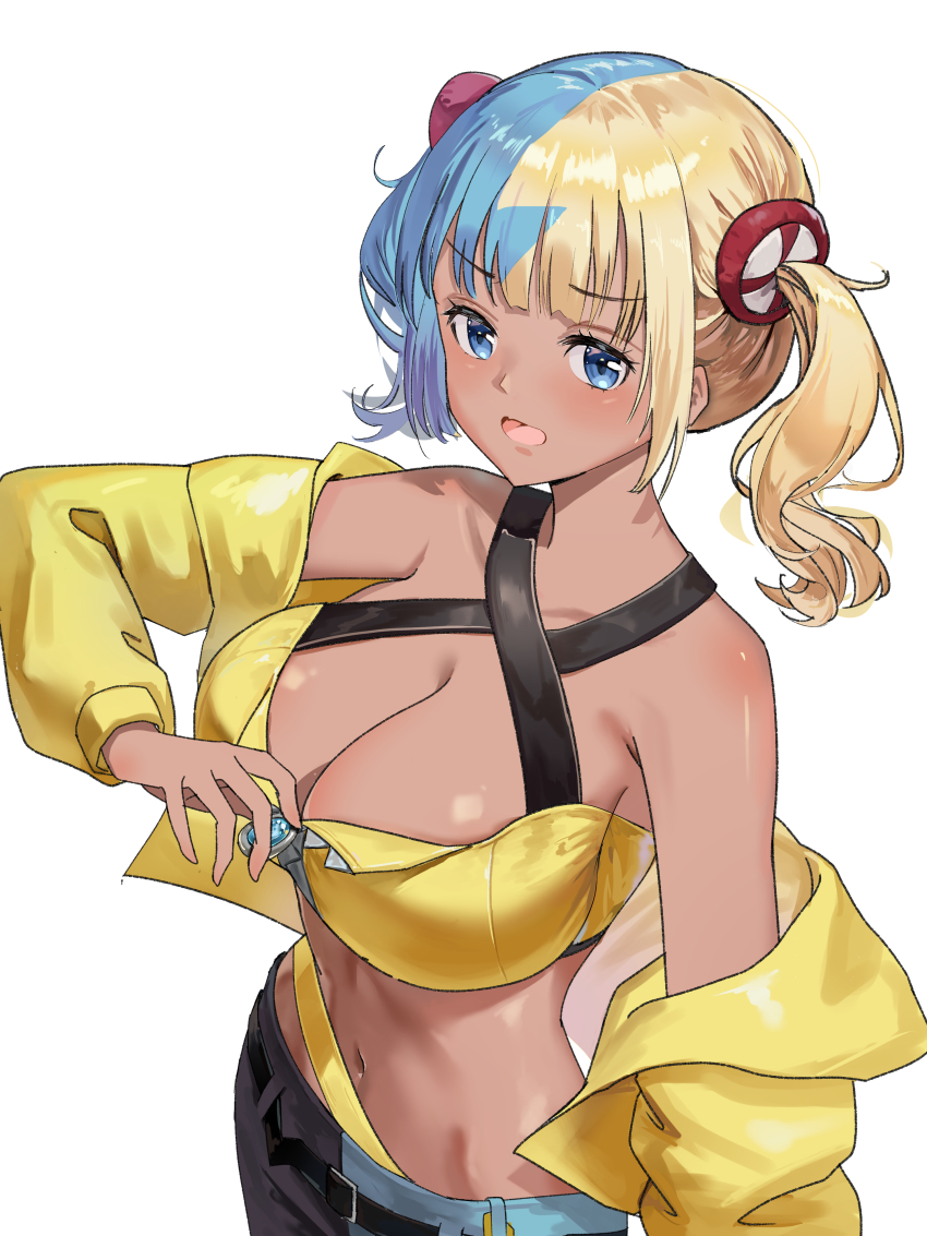1girl absurdres armpit_crease blonde_hair blue_eyes blue_hair breasts canari_(pokemon) cleavage cropped_jacket dark-skinned_female dark_skin highres jacket kian large_breasts looking_at_viewer midriff multicolored_hair navel nintendo off_shoulder open_mouth pokemon pokemon_legends:_z-a simple_background solo split-color_hair twintails two-tone_hair white_background yellow_jacket