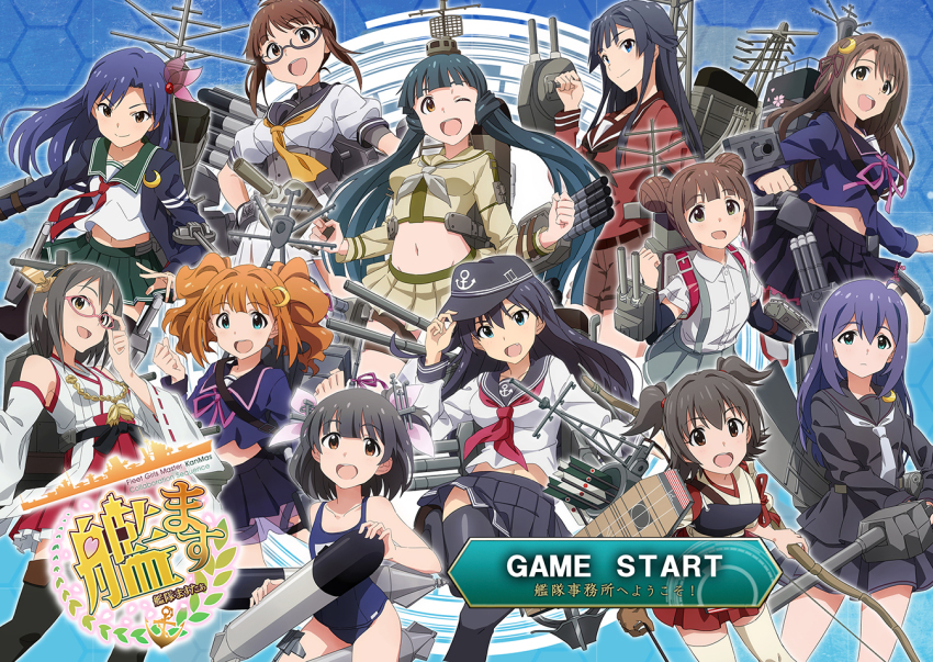 6+girls :d ;d akagi_(kancolle) akagi_(kancolle)_(cosplay) akagi_miria akizuki_(kancolle) akizuki_(kancolle)_(cosplay) akizuki_ritsuko annotated arrow_(projectile) black_hair black_legwear black_serafuku blue_eyes blue_hair bow_(weapon) brown_eyes cosplay crop_top crop_top_overhang detached_sleeves double_bun ganaha_hibiki glasses hair_bun hair_ornament haruna_(kancolle) haruna_(kancolle)_(cosplay) hat headgear hibiki_(kancolle) hibiki_(kancolle)_(cosplay) i-19_(kancolle) i-19_(kancolle)_(cosplay) idolmaster idolmaster_(classic) idolmaster_cinderella_girls idolmaster_million_live! japanese_clothes kamijo_haruna kantai_collection kasumi_(kancolle) kasumi_(kancolle)_(cosplay) kimono kisaragi_(kancolle) kisaragi_(kancolle)_(cosplay) kisaragi_chihaya kitakami_(kancolle) kitakami_(kancolle)_(cosplay) kitakami_reika long_hair looking_at_viewer midriff mochizuki_(kancolle) mochizuki_(kancolle)_(cosplay) mochizuki_anna mogami_(kancolle) mogami_(kancolle)_(cosplay) mogami_shizuka multiple_girls muneate nakatani_iku name_connection navel one-piece_swimsuit one_eye_closed open_mouth pleated_skirt quiver school_swimsuit school_uniform serafuku shimamura_uzuki ship_turret skirt smile swimsuit takatsuki_kasumi takatsuki_yayoi taku1122 teeth thighhighs torpedo twintails uzuki_(kancolle) uzuki_(kancolle)_(cosplay) weapon white_legwear yayoi_(kancolle) yayoi_(kancolle)_(cosplay)