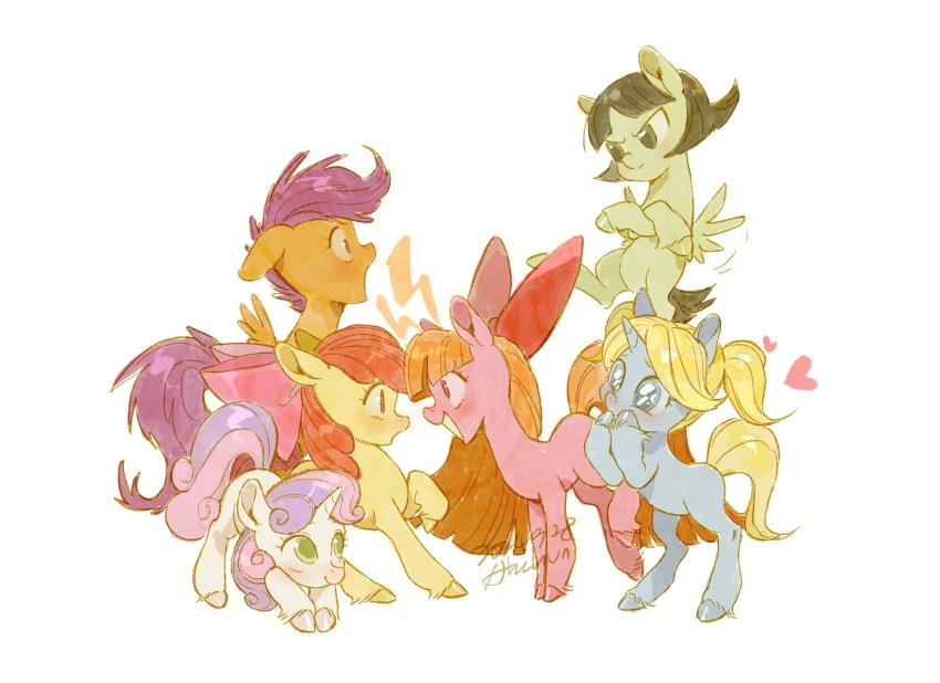 ahchun_zai_beiwo animal animal_focus animalization apple_bloom baby_animal black_hair blonde_hair blossom_(ppg) bow bubbles_(ppg) buttercup_(ppg) chinese_commentary commentary_request crossover flying foal hair_bow highres hooves long_hair multicolored_hair my_little_pony my_little_pony:_friendship_is_magic no_humans open_mouth orange_hair pegasus pink_hair pony_(animal) powerpuff_girls purple_hair rearing red_hair scootaloo short_hair short_twintails simple_background standing sweetie_belle tail twintails two-tone_hair unicorn white_background wings