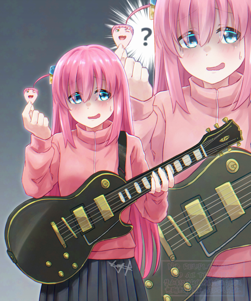 1girl absurdres blue_eyes blush bocchi_the_rock! commentary cube_hair_ornament electric_guitar genre_connection gotoh_hitori grey_skirt guitar hair_ornament highres holding holding_guitar holding_instrument holding_plectrum instrument jacket long_hair long_sleeves mutsuki_(mutsuki0110) one_side_up open_mouth pink_hair pink_jacket pleated_skirt plectrum skirt solo watase_kiui yoru_no_kurage_wa_oyogenai zoom_layer