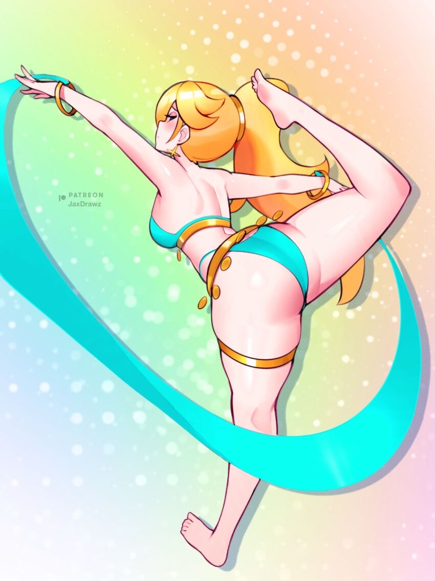 1girl ass barefoot belly_dancer belly_dancer_outfit blonde_hair blue_eyes dancer dancer_outfit dancing from_behind harem_outfit high_ponytail highres jaxdrawz jewelry leg_up long_hair mario_(series) nintendo ponytail rosalina solo thighlet veil