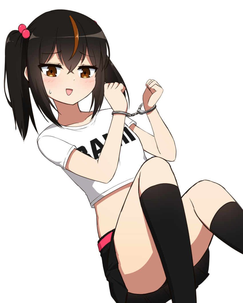 1girl bamiko_(nanju_bami) black_hair black_skirt blush brown_eyes brown_hair character_name clothes_writing commentary english_commentary fang hair_between_eyes hair_bobbles hair_ornament highres looking_at_viewer midriff mixed-language_commentary multicolored_hair nanju_bami navel open_mouth original pleated_skirt shirt short_sleeves simple_background skirt smile solo standing streaked_hair twintails white_background white_shirt