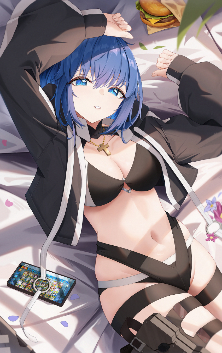 1girl about_fg absurdres bikini black_bikini black_jacket blue_eyes blue_hair breasts burger c.i.e.l_(fate) c.i.e.l_(first_ascension)_(fate) cellphone ciel_(tsukihime) cropped_jacket cross cross_necklace fate/grand_order fate_(series) food highres jacket jewelry large_breasts long_sleeves looking_at_viewer lying necklace on_back phone short_hair solo swimsuit thighs tsukihime