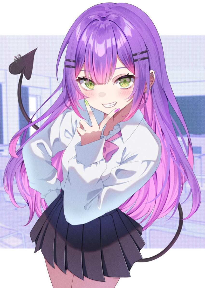 1girl =_hair_ornament barbell_piercing black_skirt bow bowtie center-flap_bangs classroom collared_shirt colored_inner_hair commentary demon_girl demon_tail double-parted_bangs ear_piercing earrings gradient_hair green_eyes green_nails grin hair_ornament hairclip hand_on_own_hip hashtag-only_commentary highres hololive industrial_piercing jewelry long_hair long_sleeves looking_at_viewer miniskirt multicolored_hair nail_polish nametakeko piercing pink_bow pink_bowtie pink_hair pink_nails pleated_skirt pointy_ears purple_hair school_uniform shirt shirt_tucked_in skirt sleeves_past_wrists smile solo spike_piercing tail tail_ornament tail_piercing tokoyami_towa virtual_youtuber white_shirt