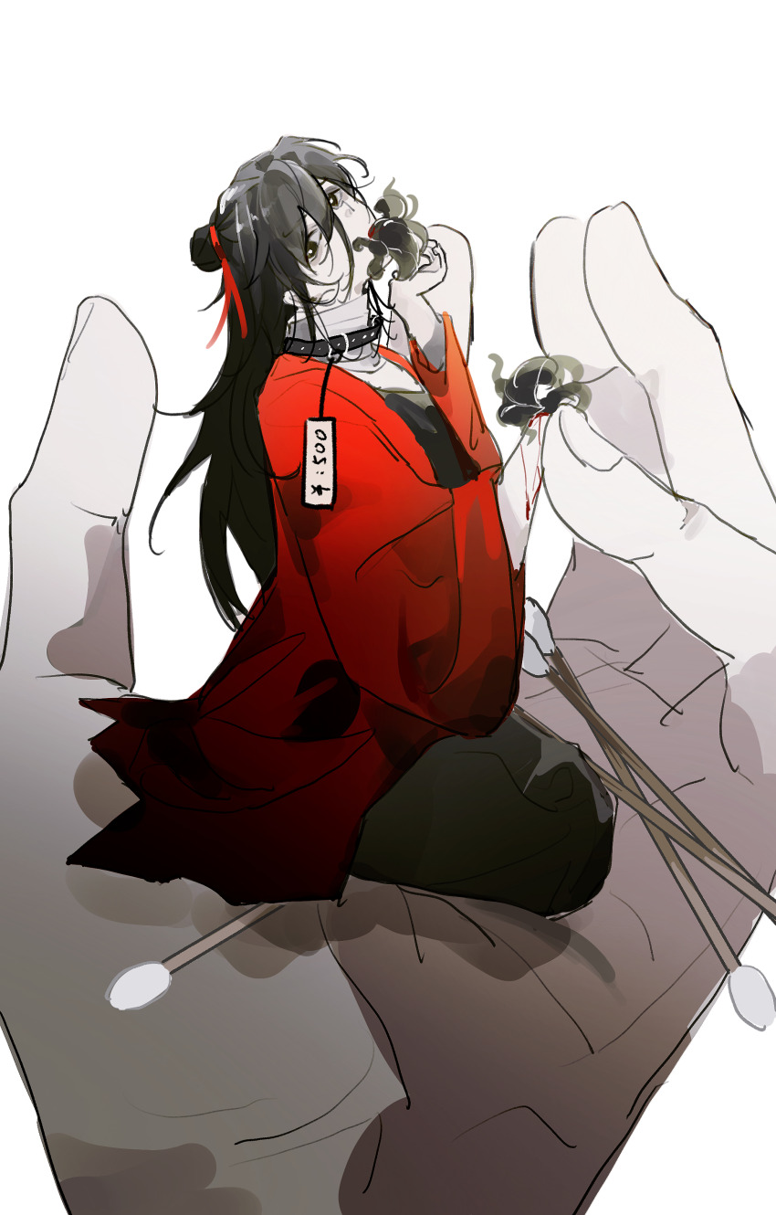 1boy 1other aaawwwssslll absurdres black_collar black_eyes black_hair black_hanfu blood blood_on_arm chinese_clothes chinese_commentary coat collar cotton_swab creature dao_gui_yi_xian hair_bun hair_ribbon half_updo hanfu head_tilt highres holding holding_creature holding_mini_person in_palm li_huowang li_sui_(tentacles) long_hair long_sleeves looking_at_viewer male_focus messy_hair mini_person miniboy pov price_tag red_coat red_ribbon ribbon simple_background single_hair_bun sitting sketch solo_focus tentacle_in_mouth tentacles white_background