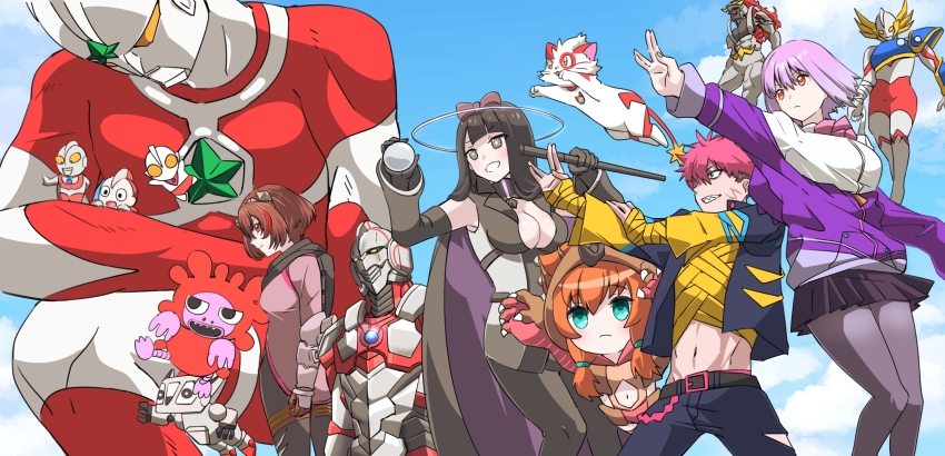 aguila alien animal_hands black_directive bodysuit bow bowtie cardigan claws color_timer company_connection crossover gao gauma giant gloves gridman_universe highres holding holding_staff instance_domination jacket kaijuu_step melos_(ultraman) multiple_boys multiple_girls orange_hair paw_gloves personification purple_bow purple_bowtie purple_jacket shinjou_akane sky ssss.dynazenon ssss.gridman staff stuffed_dinosaur the_ultraman_(anime) the_ultraman_(manga) tokusatsu ultra_kaijuu_gijinka_keikaku ultra_series ultraman_(hero&#039;s_comics) ultraman_blazar_(series) ultraman_chou_toushi_gekiden ultraman_joneus ultraman_kids ultraman_suit_(hero&#039;s_comics) umakizu white_cardigan