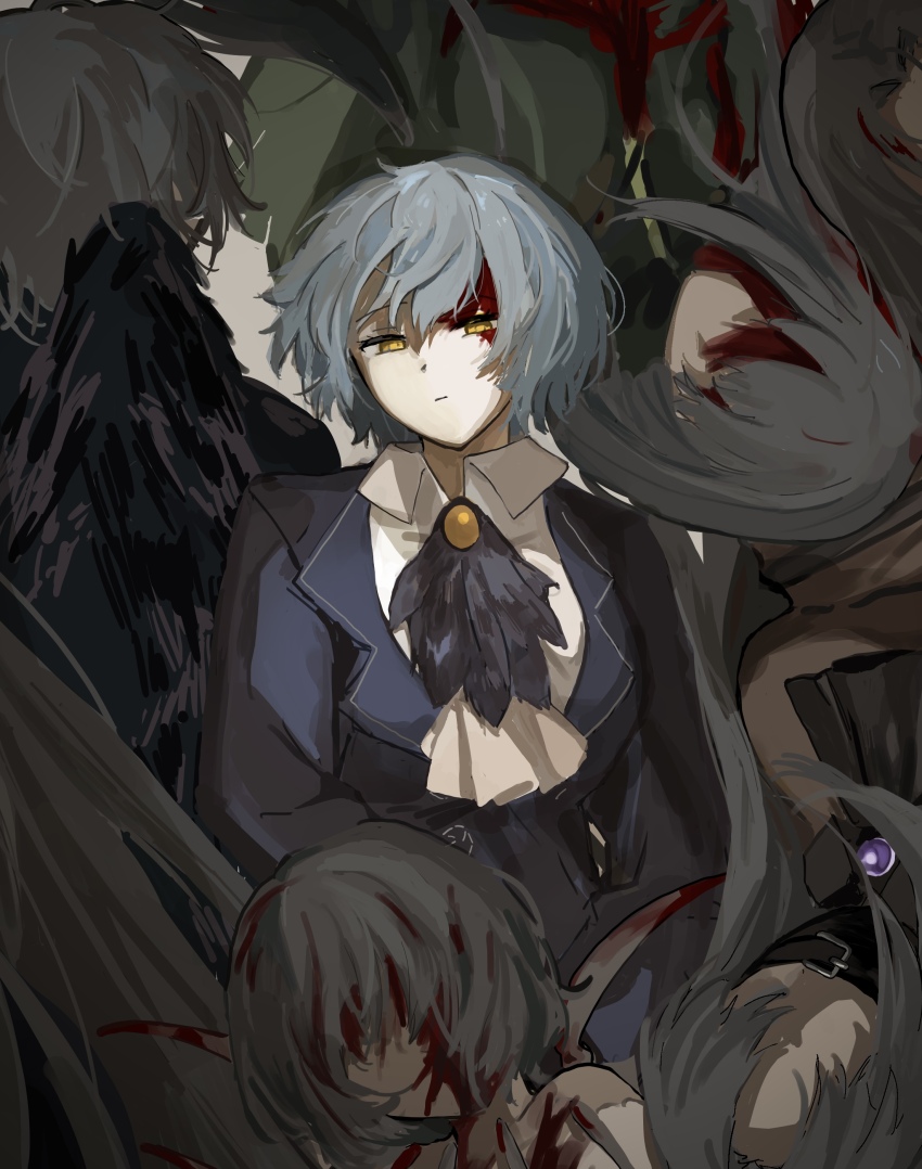 5girls absurdres angela_(project_moon) ascot black_ascot blood blood_on_face blue_coat blue_hair bodysuit brooch closed_mouth coat collared_shirt e.g.o_(project_moon) gem green_bodysuit grey_hair highres jewelry library_of_ruina long_hair looking_at_viewer multiple_girls project_moon purple_gemstone r2718281 regret_(e.g.o) sanguine_desire_(e.g.o) shirt short_hair upper_body very_long_hair white_ascot white_shirt wing_collar wingbeat_(e.g.o) yellow_eyes