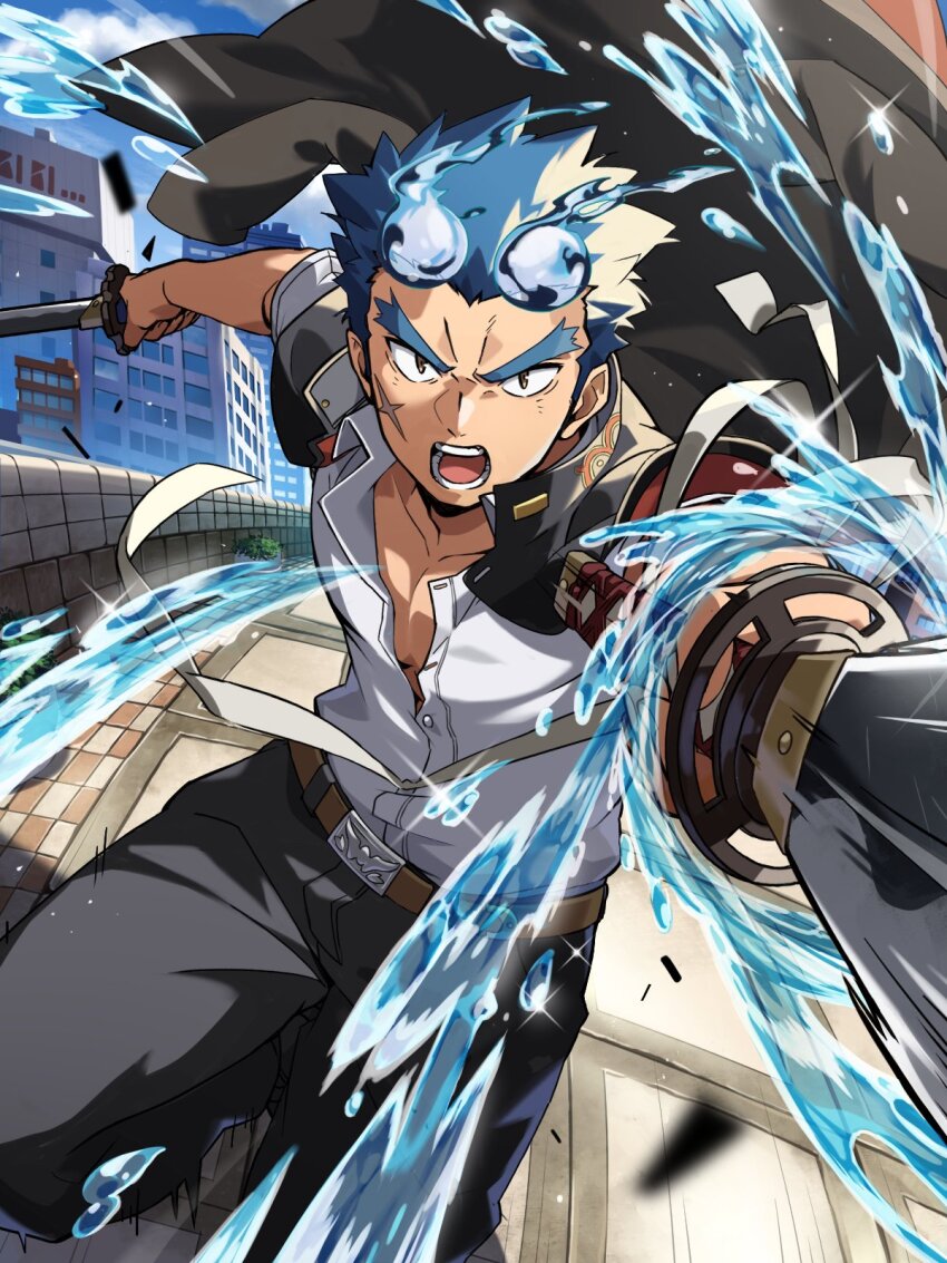 1boy bandages bara blue_fire blue_hair cross_scar dual_wielding facial_scar fiery_horns fighting_stance fire flaming_sword flaming_weapon foreshortening forked_eyebrows gakuran hair_slicked_back highres holding holding_sword holding_weapon horns hydrokinesis jacket jacket_on_shoulders looking_at_viewer male_focus motion_lines nizitaro open_mouth pectoral_cleavage pectorals sakimori_toji scar scar_on_cheek scar_on_face school_uniform shirt solo sword thick_eyebrows tokyo_houkago_summoners water weapon white_shirt