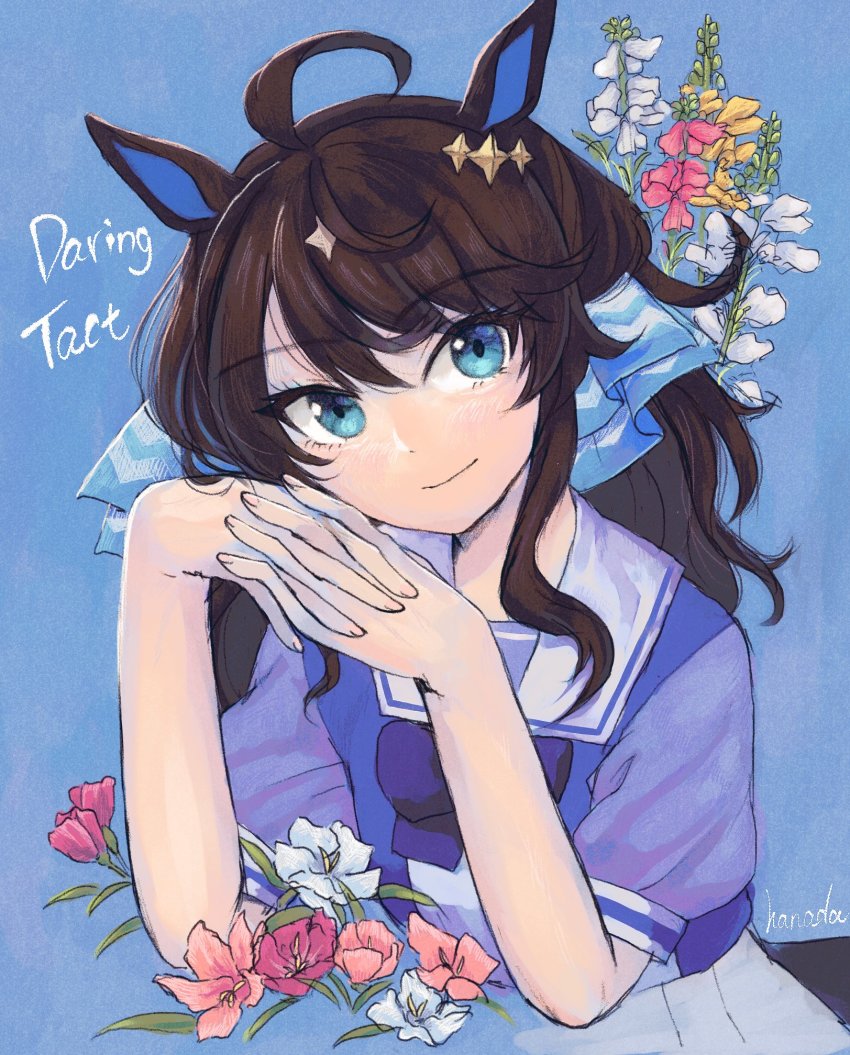 1girl animal_ears blue_eyes blush bow bowtie brown_hair daring_tact_(umamusume) flower hair_ornament hanada_(cobalt003) highres horse_ears horse_girl interlocked_fingers long_hair looking_at_viewer multicolored_hair pleated_skirt puffy_short_sleeves puffy_sleeves purple_bow purple_bowtie purple_shirt sailor_collar school_uniform shirt short_sleeves skirt solo tracen_school_uniform two-tone_hair umamusume white_hair white_skirt