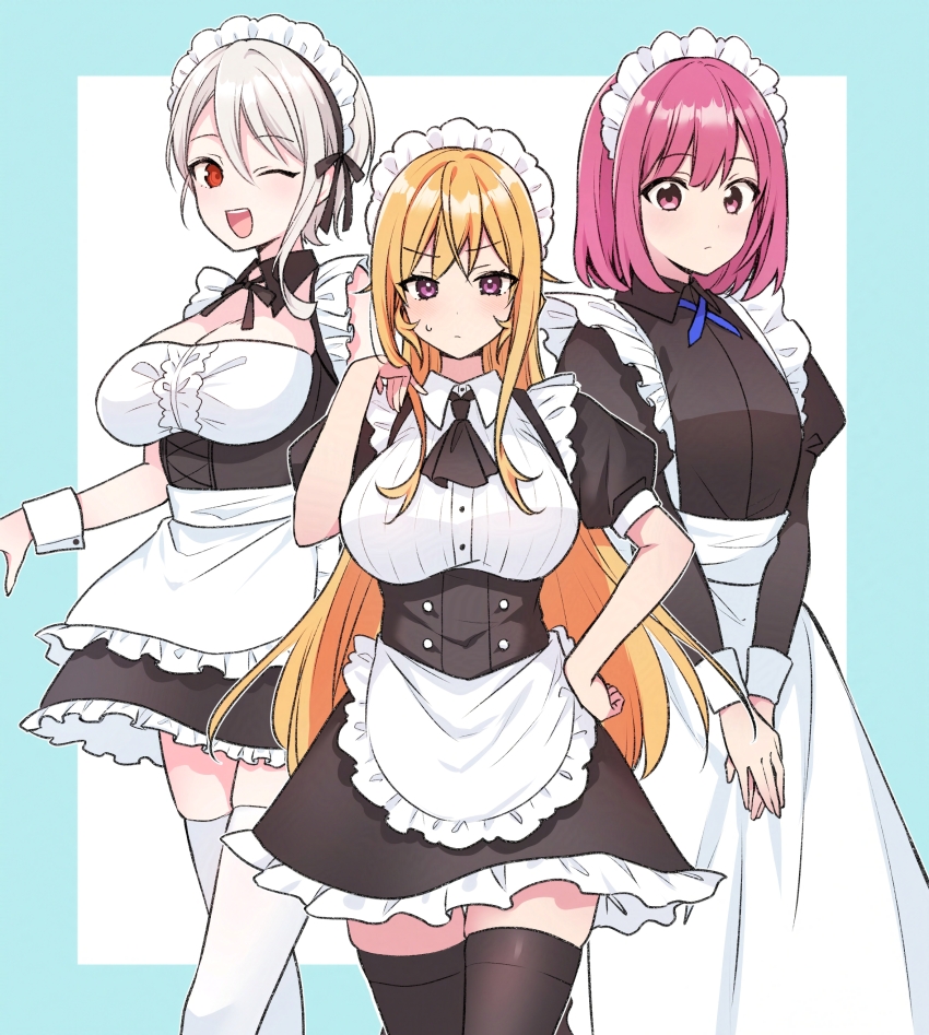 3girls ;d absurdres alternate_costume apron arato_hisako ascot black_ascot black_dress black_ribbon black_thighhighs blonde_hair breasts cleavage dress enmaided frilled_apron frilled_dress frills grey_hair highres large_breasts maid maid_headdress multiple_girls nakiri_alice nakiri_erina neck_ribbon one_eye_closed open_mouth pink_eyes pink_hair red_eyes revision ribbon shokugeki_no_souma short_hair smile teeth thighhighs toy-black upper_teeth_only waist_apron white_apron white_thighhighs zettai_ryouiki