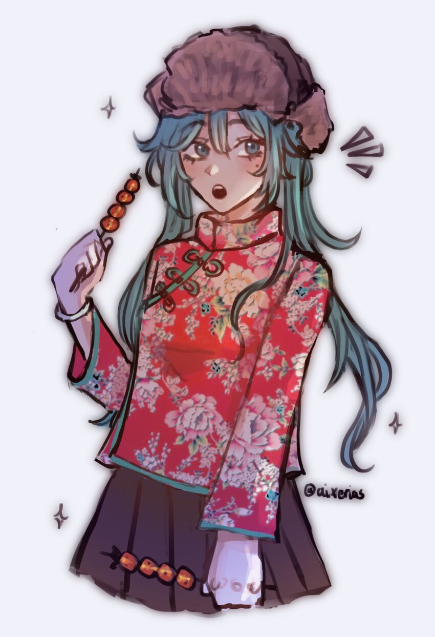 1girl aixerias aoqun aqua_eyes aqua_hair black_skirt brown_hat chinese_clothes commentary english_commentary floral_print flower fur_hat gloves hanfu hat hatsune_miku highres holding holding_skewer long_hair long_sleeves mole mole_under_eye print_shirt red_shirt shirt skewer skirt solo twintails ushanka vocaloid white_gloves worldwide_miku