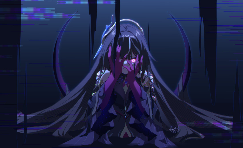 1girl absurdres artist_logo bare_shoulders black_dress black_hair breasts cleavage commentary_request dress evil_smile glitch hands_on_own_face headgear highres honkai_(series) honkai_impact_3rd large_breasts leylah_(honkai_impact) logo long_hair long_sleeves looking_at_viewer luyue parted_lips partially_submerged purple_eyes purple_hands smile solo very_long_hair wide_sleeves