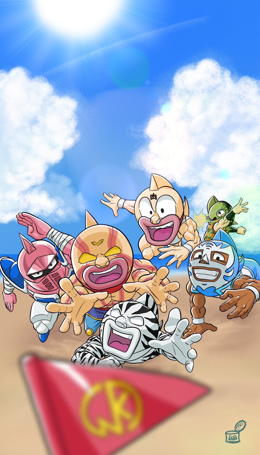 6+boys armlet armor beach biceps blank_eyes chibi grin happy helmet highres jewelry jumping kazeya_kazuya kinniku_ataru kinniku_suguru kinnikuman kinnikuman_(character) kinnikuman_big_body kinnikuman_mariposa kinnikuman_soldier kinnikuman_super_phoenix kinnikuman_zebra large_pectorals looking_ahead looking_at_viewer manly mask mouth_mask multiple_boys muscular pectorals playing_sports running serious simple_background smile wrestling wrestling_mask wrestling_outfit