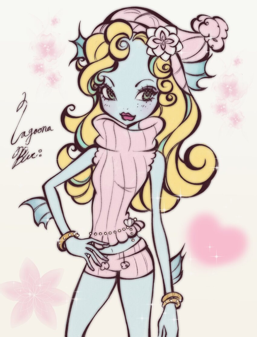1girl arm_fins beanie blonde_hair blue_skin colored_skin eyelashes eyeshadow fins fish_girl freckles gyaru hat head_fins highres lagoona_blue lilitafaery long_hair makeup monster_high monster_high_(g1) multicolored_hair pom_pom_(clothes) pom_pom_beanie short_shorts shorts streaked_hair two-tone_hair webbed_hands