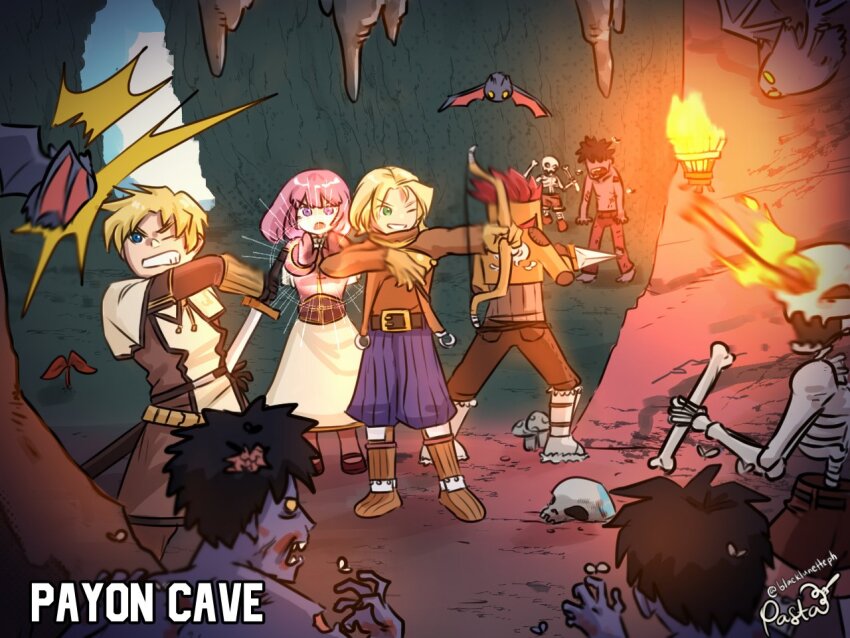 1girl 6+boys acolyte_(ragnarok_online) archer_(ragnarok_online) arrow_(projectile) bat_(animal) belt black_hair black_lunette blonde_hair blue_eyes boots bow_(weapon) brown_belt brown_footwear brown_gloves brown_jacket brown_pants brown_shirt brown_shorts capelet cave cave_interior commentary dagger english_commentary familiar_(ragnarok_online) fire full_body gloves green_eyes grin holding holding_bow_(weapon) holding_dagger holding_knife holding_sword holding_weapon in-universe_location jacket knife location_name long_sleeves looking_at_another multiple_boys muneate mushroom one_eye_closed open_mouth pants pink_eyes pink_hair purple_shorts ragnarok_online red_hair shirt shoes short_hair shorts shrug_(clothing) skeleton skeleton_(ragnarok_online) skirt smile stalactite standing sword swordsman_(ragnarok_online) thief_(ragnarok_online) undead v-shaped_eyebrows weapon white_capelet white_skirt zombie zombie_(ragnarok_online)