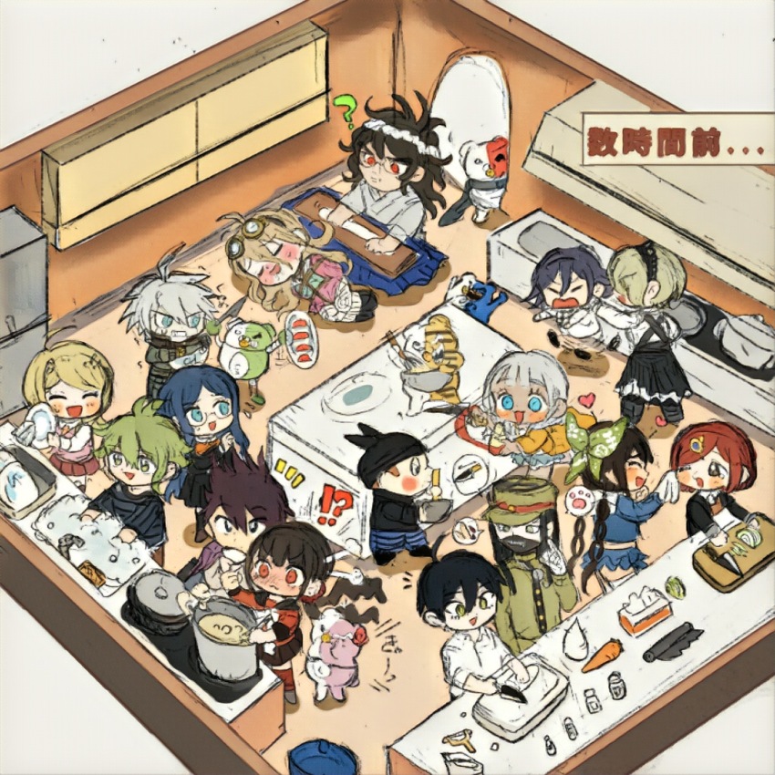 !? 6+boys 6+girls ? ^_^ afterimage ahoge akamatsu_kaede alternate_costume amami_rantaro android animal_ear_headwear animal_ears antenna_hair bandaged_hand bandages beanie bear belt black_choker black_dress black_eyes black_footwear black_hair black_hairband black_hat black_jacket black_mask black_pantyhose black_sailor_collar black_scarf black_skirt black_sleeves black_socks blazer blonde_hair blue_bow blue_bowtie blue_eyes blue_hair blue_pants blue_serafuku blue_shirt blue_skirt blue_sleeves blunt_bangs blush blush_stickers boots bow bowtie brown_eyes brown_hair brown_pants bubble buttons carrot cat_ears chabashira_tenko checkered_clothes checkered_scarf chibi choker closed_eyes closed_mouth coat coat_on_shoulders collared_shirt commentary_request cooking cooking_pot covered_mouth criss-cross_back-straps cutting cutting_board danganronpa_(series) danganronpa_v3:_killing_harmony dark-skinned_female dark_skin dishwashing dress drinking everyone eyelashes eyes_visible_through_hair fake_animal_ears faucet floral_print flying_sweatdrops food fortissimo frilled_skirt frills frown full-face_blush full_body gakuran glasses goggles goggles_on_head gokuhara_gonta grabbing_another&#039;s_ear green_bow green_hair green_jacket green_pants grey_footwear grey_hair grey_kimono hair_between_eyes hair_bow hair_ornament hair_over_shoulder hair_scrunchie hairband half-closed_eyes hand_on_another&#039;s_ear harukawa_maki hat heart highres holding holding_knife holding_plate holding_rag holding_spoon holding_tissue hoshi_ryoma indoors iruma_miu jacket japanese_clothes k1-b0 kimono kitchen knife lace-trimmed_hairband lace_trim layered_dress leather leather_jacket light_blush long_dress long_hair long_sleeves looking_at_another low_twintails lying mask medium_skirt messy_hair midriff miniskirt momota_kaito monodam monokid monophanie monosuke monotaro_(danganronpa) mouth_mask multiple_belts multiple_boys multiple_girls musical_note musical_note_hair_ornament necktie no_headwear no_jacket notice_lines o-ring o-ring_belt oma_kokichi on_side one_eye_closed onion open_clothes open_jacket open_mouth orange_bow orange_bowtie orange_necktie orange_vest pants pantyhose peaked_cap peeler pink_serafuku pink_shirt pink_skirt pink_sleeves pink_vest plate pleated_skirt pocket pointing pointing_up puff_of_air puffy_pants purple_coat purple_eyes purple_hair raincoat red_eyes red_hair red_scrunchie red_shirt red_sleeves red_thighhighs refrigerator restrained round_eyewear saihara_shuichi sailor_collar scarf scenery school_uniform scrunchie serafuku shadow shinguji_korekiyo shirogane_tsumugi shirt shoes short_hair short_sleeves sink skirt smile socks spiked_hair spoken_object spoken_paw_print spoon stirring stove striped_clothes striped_pants striped_shirt sugi_haeru sushi tears thighhighs three-quarter_sleeves tojo_kirumi translation_request twintails v-shaped_eyebrows v-shaped_eyes vertical-striped_sleeves very_long_hair vest white_bow white_dress white_jacket white_sailor_collar white_scarf white_shirt white_sleeves white_thighhighs wiping_tears yellow-framed_eyewear yellow_eyes yellow_raincoat yellow_sleeves yonaga_angie yumeno_himiko zipper