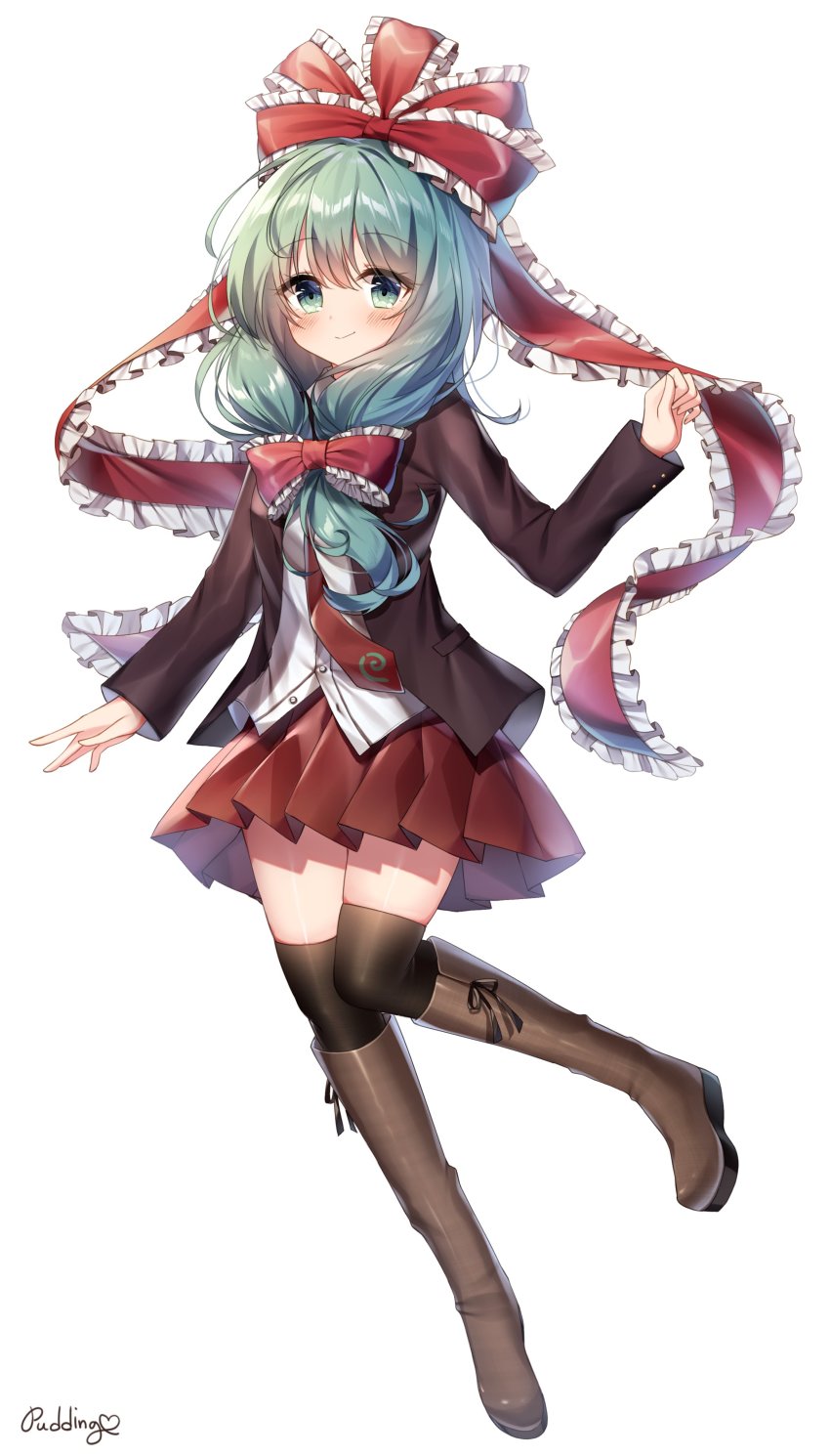 1girl absurdres alternate_costume alternate_hairstyle arm_at_side artist_name black_ribbon black_thighhighs blazer blush boots bow brown_boots brown_jacket clenched_hand closed_mouth commentary footwear_ribbon frilled_bow frilled_ribbon frills front_ponytail full_body green_eyes green_hair hair_bow hair_ribbon hand_up heart highres jacket kagiyama_hina knee_boots long_hair long_sleeves looking_at_viewer miniskirt necktie platform_boots platform_footwear pleated_skirt pudding_(skymint_028) red_bow red_necktie red_ribbon red_skirt ribbon school_uniform shirt sidelocks signature simple_background skirt smile smirk solo standing standing_on_one_leg swirl thighhighs thighhighs_under_boots touhou white_background white_shirt zettai_ryouiki