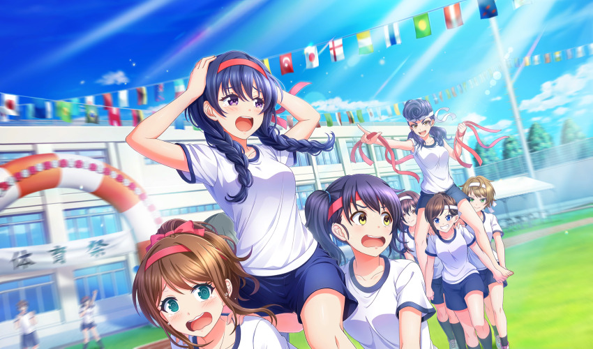 6+girls @_@ barefoot black_socks blue_eyes blue_hair blue_shorts blurry bow braid brown_eyes brown_hair cinderella_series cloud crying depth_of_field dutch_angle flags_of_all_nations game_cg green_eyes grin gym_shirt gym_shorts gym_uniform hachigatsu_no_cinderella_nine hachimaki hair_bow hairband headband highres holding holding_ribbon izumida_kyouka kibasen kondou_saki lens_flare light_particles long_hair looking_at_another low_twin_braids multiple_girls non-web_source official_art on_grass open_mouth pointing pointing_at_another purple_eyes red_bow red_hairband ribbon school shirt short_sleeves shorts sky smile socks sports_festival standing string_of_flags teardrop teeth twin_braids upper_teeth_only wavy_mouth white_hairband white_shirt yellow_eyes