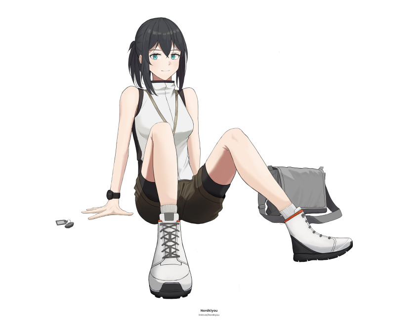 1girl arm_support bag bare_arms bare_shoulders bike_shorts black_hair black_trim brown_shorts car_keys closed_mouth commentary english_text green_eyes grey_bag hair_between_eyes high_heel_sneakers high_tops highres id_card medium_hair northkiyou original ponytail shirt shoes short_ponytail shorts shoulder_bag signature sitting sleeveless sleeveless_shirt smile sneakers socks solo two-tone_shirt watch white_background white_shirt white_shoes white_socks wristwatch zipper