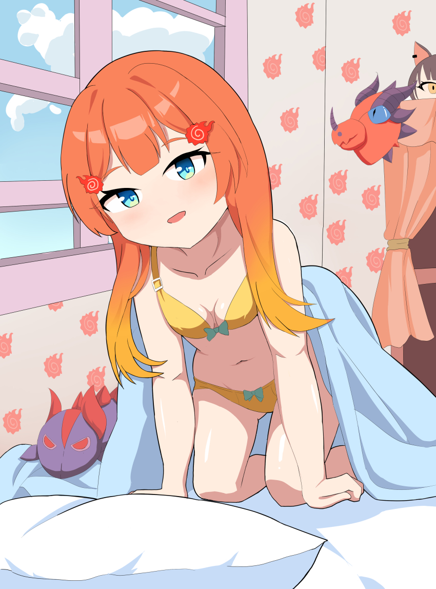 absurdres bed bed_sheet belly blanket blue_eyes bow bra breasts cloud commission curtains hair_ornament highres indoors looking_at_viewer mask miki_hitsugi multicolored_hair navel nexos orange_hair panties pillow ribbon sky small_breasts specialite_en stuffed_toy under_covers underwear underwear_only virtual_youtuber window yellow_bra yellow_panties
