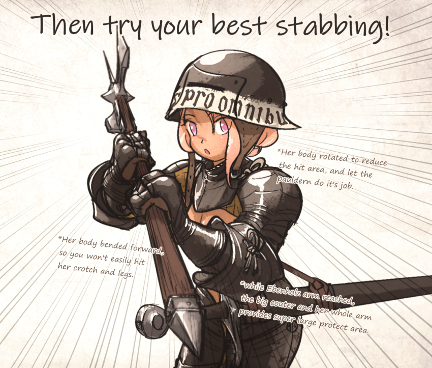 1girl armor brown_hair ebenholz_(ironlily) english_text helmet highres holding holding_polearm holding_weapon incoming_attack ironlily made_in_2024 original pink_eyes pink_hair polearm reverse_bikini_armor reverse_outfit sheath solo sword weapon