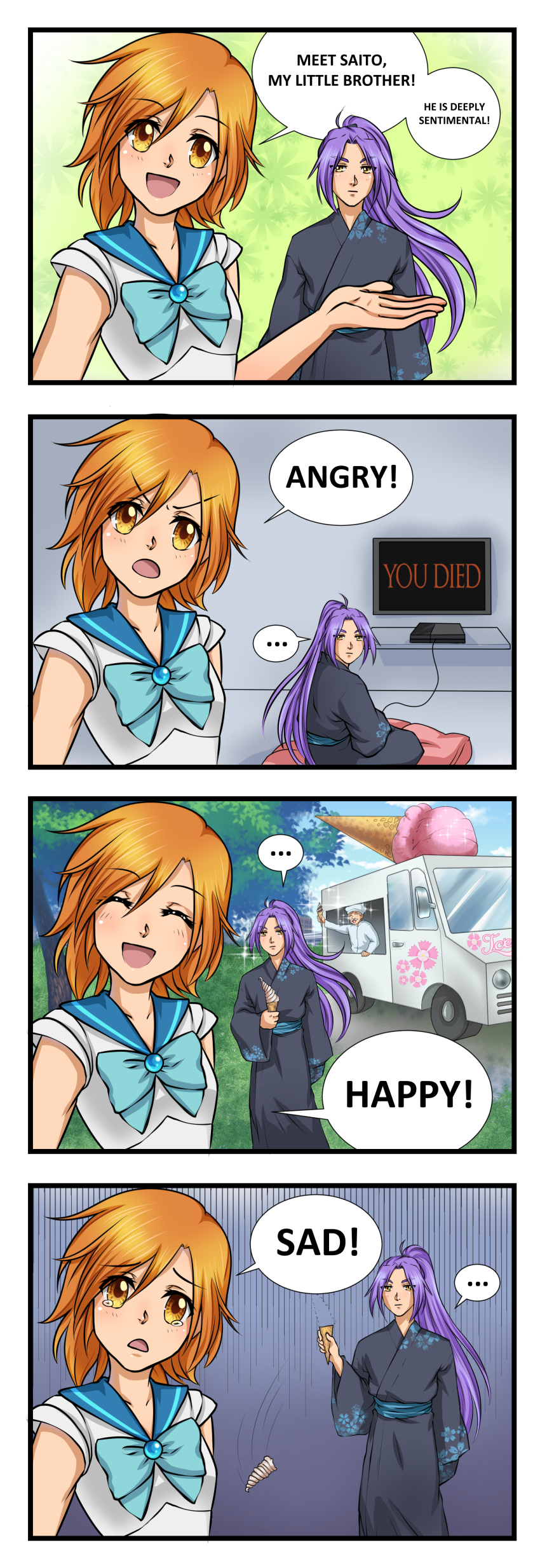 ... 1girl 2boys 4koma :d :| absurdres alternate_language black_kimono blue_bow blue_bowtie blue_brooch blue_sailor_collar bow bowtie brooch brother_and_sister closed_eyes closed_mouth comic day dropped_food english_text expressionless flat_screen_tv floral_print food food_stand food_truck game_console hair_between_eyes highres holding holding_food holding_ice_cream ice_cream ice_cream_stand introduction japanese_clothes jewelry kimono long_hair long_sleeves looking_at_viewer looking_back multiple_boys nadeshicon nadeshiko_(nadeshicon) obi official_art open_mouth orange_eyes orange_hair outdoors ponytail print_kimono purple_hair sad sailor_collar saito_(nadeshicon) sash second-party_source shirt short_hair short_sleeves siblings sitting smile sparkle sparkling_aura speech_bubble spoken_ellipsis standing tearing_up television vikisaki white_shirt yellow_eyes you_died