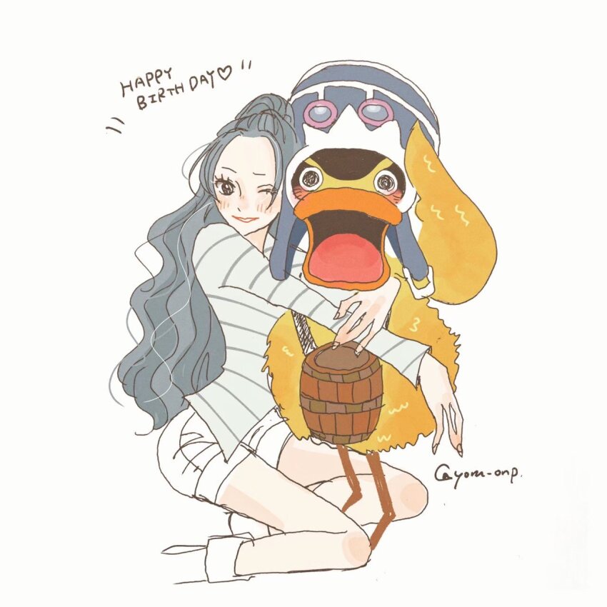 1girl animal artist_name bird black_hair blue_hair blush boots cropped_legs duck goggles goggles_on_headwear happy_birthday heart highres hug karoo_(one_piece) long_hair long_sleeves looking_at_viewer nefertari_vivi one_eye_closed one_piece salute shirt short_shorts shorts smile striped_clothes striped_shirt white_boots white_shirt white_shorts yoru_onp