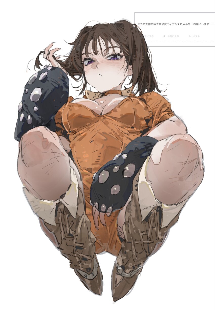 1girl absurdres black_arm_warmers blush boots breasts brown_boots brown_hair cleavage closed_mouth diane_(nanatsu_no_taizai) full_body hand_up highres le_(szs0k) looking_at_viewer medium_breasts medium_hair nanatsu_no_taizai odaibako purple_eyes simple_background solo twintails white_background