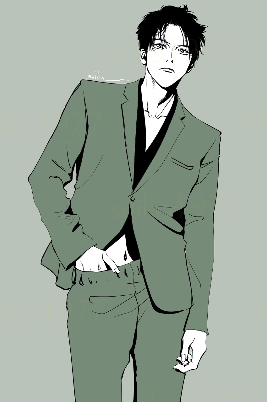 1boy absurdres arm_at_side artist_name formal_clothes green_theme grey_background hand_in_pants highres looking_at_viewer male_focus monochrome navel original short_hair standing suiko1977 suit watermark