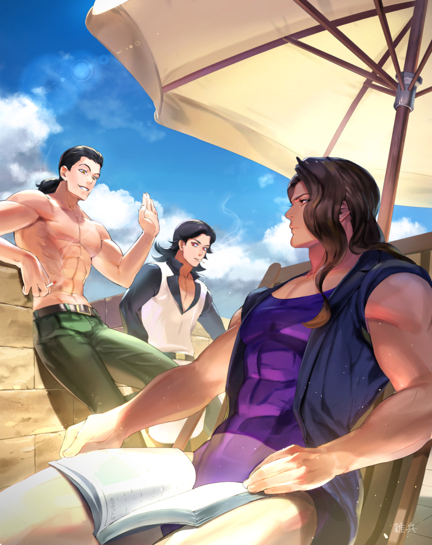3boys :d abs beach_chair beach_umbrella belt black_jacket black_shirt blue_sky book brown_eyes brown_hair cigarette closed_mouth cloud cloudy_sky collared_shirt grin highres holding holding_cigarette jacket jojo_no_kimyou_na_bouken leotard multiple_boys muscular muscular_male navel open_mouth ponytail purple_leotard red_eyes rubber_soul shirt sitting sky sleeveless sleeveless_jacket smile smoking stardust_crusaders steely_dan teeth topless_male umbrella vanilla_ice vest white_vest zouhyou_(at4190)