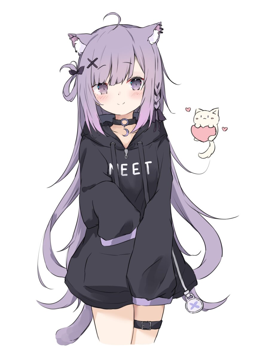 1girl absurdres animal animal_ear_fluff animal_ears black_hoodie braid cat cat_ears cat_girl cat_tail choker hayashi_maka highres hood hood_down hoodie indie_virtual_youtuber light_purple_hair long_hair long_sleeves looking_at_viewer mikeneko_(vtuber) mikeneko_(vtuber)_(2nd_costume) neet no_pants o-ring o-ring_choker purple_eyes simple_background sleeves_past_fingers sleeves_past_wrists smile tail thigh_strap very_long_hair virtual_youtuber white_background