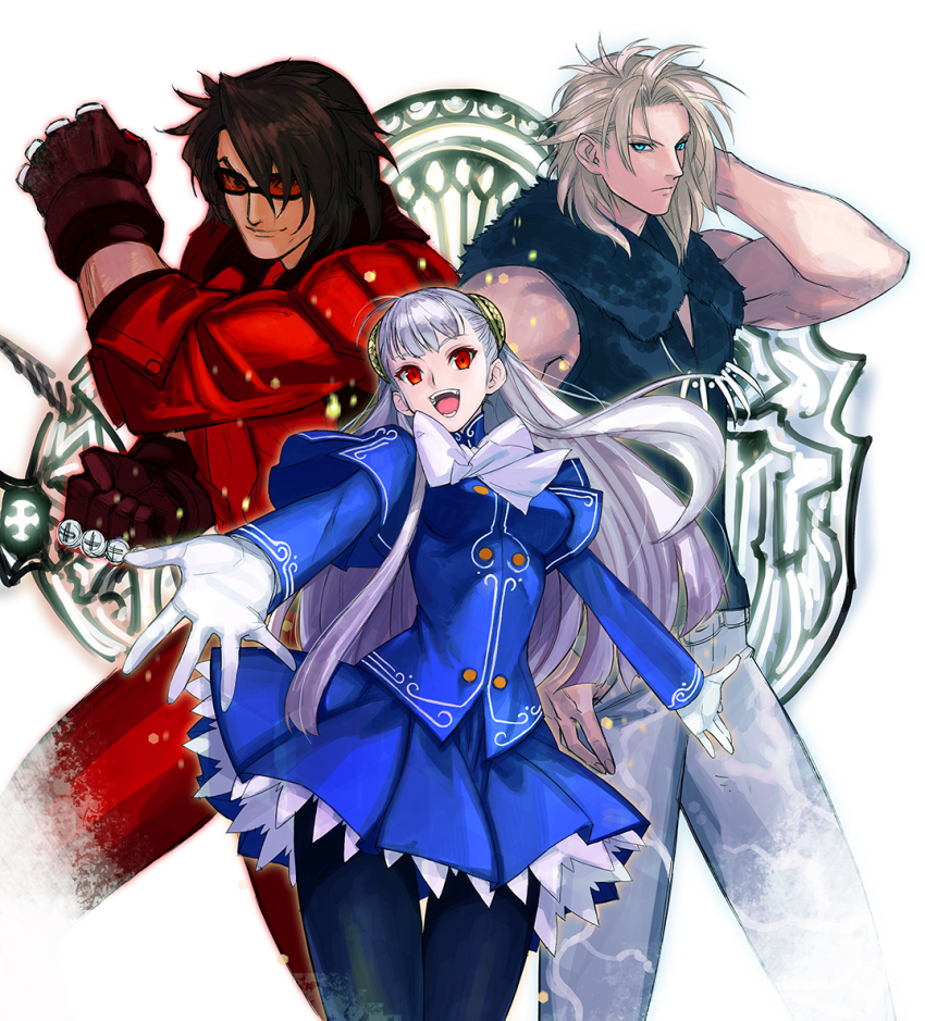 1girl 2boys black_pantyhose blonde_hair blue_eyes breasts capcom_fighting_allstars capcom_fighting_jam capelet clenched_hands d_d gloves hairpods ingrid_(capcom) long_hair multiple_boys open_mouth outstretched_arms pantyhose red_eyes rook silver_hair skirt suspenders tetsu_(kimuchi) white_gloves