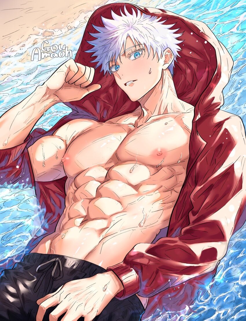1boy abs alternate_costume amaoh_lv50 black_pants blue_eyes colorized gojou_satoru highres jacket jujutsu_kaisen long_sleeves looking_at_viewer male_focus muscular muscular_male nipples open_clothes open_jacket pants pectorals red_jacket short_hair solo teeth veiny_crotch water wet white_hair