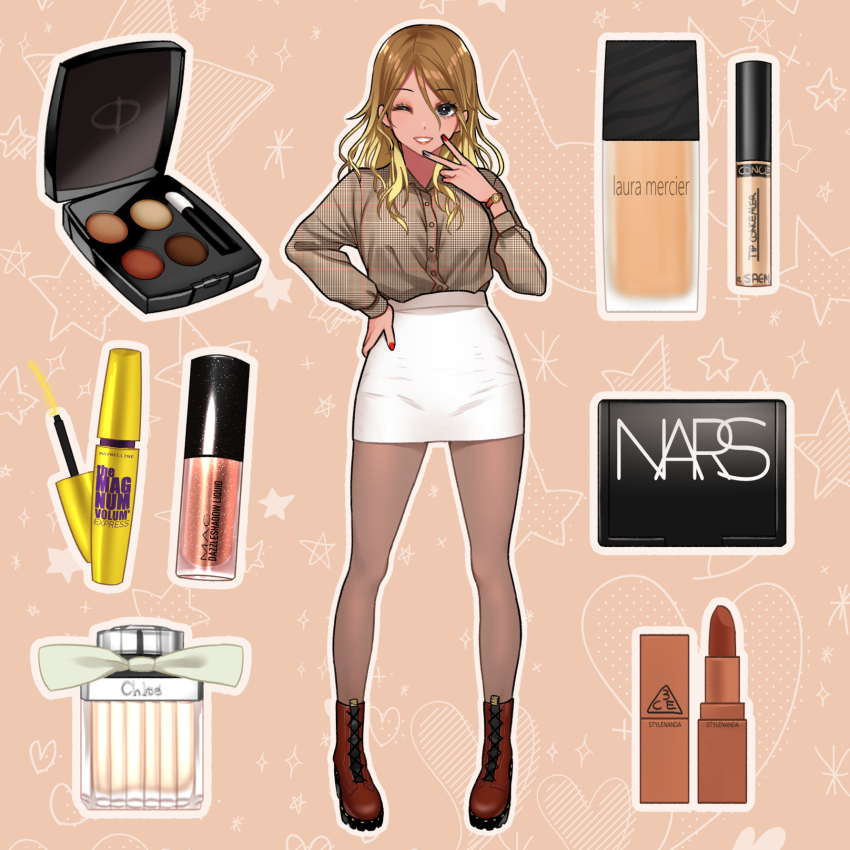 1girl ;) aegyo_sal black_eyes black_nails blonde_hair blush_(makeup) boots breasts brown_background brown_boots brown_hair brown_shirt collared_shirt concealer cosmetics dark-skinned_female dark_skin eyeshadow fashion full_body gradient_hair grin gyaru hair_between_eyes hand_on_own_hip hand_up highres idolmaster idolmaster_shiny_colors izumi_mei lipstick lipstick_tube long_hair long_legs makeup makeup_palette maou_(demonlord) mascara mascara_wand medium_breasts miniskirt multicolored_hair one_eye_closed onee_gyaru pantyhose pencil_skirt plaid_clothes plaid_shirt product_placement red_nails shirt shirt_tucked_in skirt slim_legs smile solo v watch white_skirt wristwatch