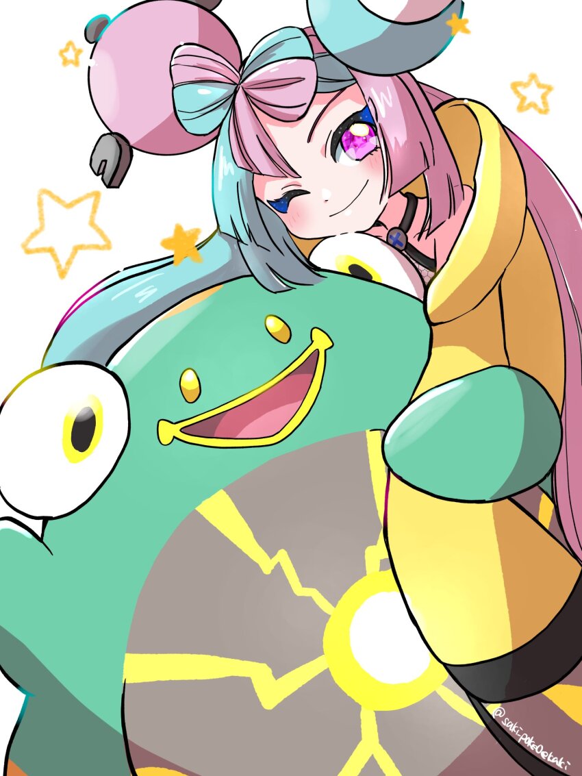 1girl :d bare_shoulders blue_hair bow-shaped_hair character_hair_ornament fake_hair_bun hair_ornament hexagon_print highres hug iono_(pokemon) jacket long_hair looking_at_viewer low-tied_long_hair multicolored_hair nintendo one_eye_closed open_mouth oversized_clothes pink_eyes pink_hair pokemon pokemon_(creature) pokemon_sv saki_pokeoekaki simple_background sleeves_past_fingers sleeves_past_wrists smile split-color_hair standing star_(symbol) two-tone_hair white_background x yellow_eyes yellow_jacket