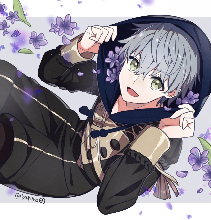 1boy ashe_ubert blue_hair cowboy_shot fire_emblem fire_emblem:_three_houses flower from_above garreg_mach_monastery_uniform green_eyes highres hood hood_up katsura_ichiho leaf leaning_forward light_blue_hair looking_at_viewer nintendo open_mouth smile solo watermark