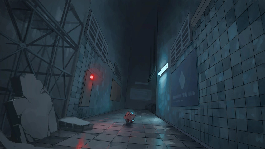 abandoned bad_id bad_misskey.io_id dark debris hallway highres kirby kirby_(series) kirby_and_the_forgotten_land nintendo no_humans scenery sidelighting solo tensen_(dotted_line) tile_floor tile_wall tiles vent_(object) walking webp-to-png_conversion wide_shot