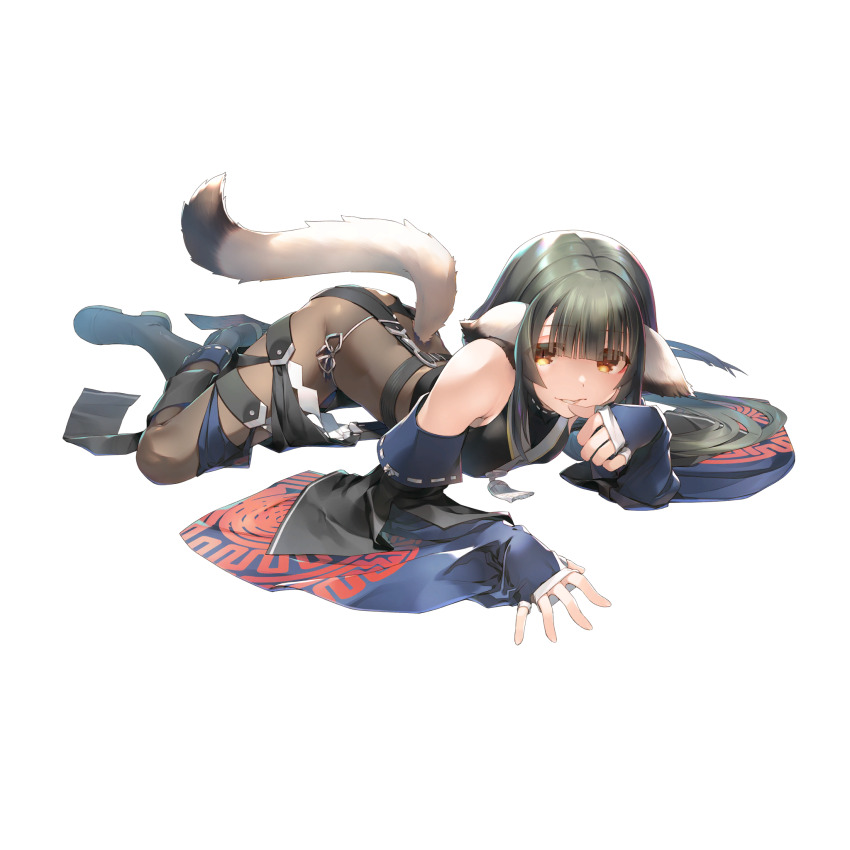 1girl ainu_clothes amazuyu_tatsuki animal_ears bodystocking breasts brown_eyes brown_hair eruruu finger_to_mouth fingerless_gloves game_cg gloves highres impossible_clothes japanese_clothes loincloth lying non-web_source official_alternate_costume official_alternate_hairstyle official_art on_stomach small_breasts solo tail tasuki transparent_background utawarerumono utawarerumono:_lost_flag