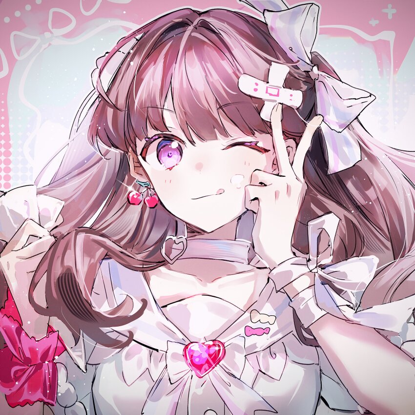 1girl ;q absurdres bandaged_arm bandages bandaid bandaid_hair_ornament blue_dress blush brown_hair closed_mouth collarbone commentary dress food food_on_face frilled_sailor_collar frills fujishima_megumi hair_intakes hair_ornament hair_ribbon haitsuki hakuchu_a_la_mode heart highres inward_v link!_like!_love_live! long_hair looking_at_viewer love_live! official_alternate_costume one_eye_closed puffy_short_sleeves puffy_sleeves purple_eyes ribbon sailor_collar sailor_dress short_sleeves solo striped_ribbon symbol-only_commentary tongue tongue_out two_side_up upper_body v virtual_youtuber white_ribbon white_sailor_collar