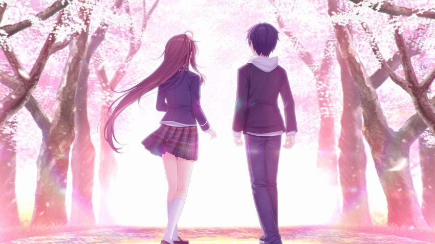 1boy 1girl alpha_(yukai_na_nakamatachi) ayase_aisa backlighting black_hair black_jacket black_pants brown_hair couple floating_hair from_behind game_cg hetero hood hood_down hooded_sweater jacket kagami_toshiki kneehighs loafers long_hair long_sleeves miniskirt non-web_source pants plaid_clothes plaid_skirt pleated_skirt red_footwear school_uniform shoes short_hair skirt socks sousaku_kanojo_no_renai_koushiki spring_(season) straight_hair sweater very_long_hair white_socks white_sweater