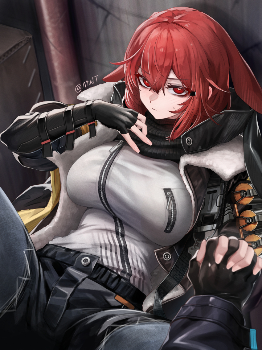 1girl :/ absurdres arknights black_bridal_gauntlets black_coat black_gloves black_pants black_scarf breasts bridal_gauntlets coat crownslayer_(arknights) gloves highres holding_hands interlocked_fingers large_breasts long_hair long_sleeves looking_at_viewer mildt nervous open_clothes open_coat pants pov red_eyes red_hair scarf shirt_tucked_in sitting solo_focus spread_legs sweatdrop twitter_username