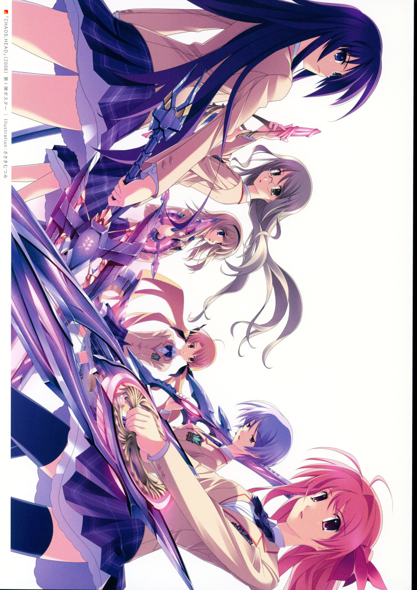 2000s_(style) 2008 6+girls :o absurdres ahoge antenna_hair aoi_sena arms_behind_back black_bow black_thighhighs blonde_hair blue_hair bow bowtie breasts brown_jacket buttons chaos;head collared_shirt d-sword dated ears_visible_through_hair everyone exif_rotation floating_hair from_behind from_side frown green_eyes green_hair hair_bow hair_ribbon head_down highres holding holding_sword holding_weapon jacket kishimoto_ayase kusunoki_yua lapels long_hair long_skirt long_sleeves looking_at_viewer looking_back looking_down looking_to_the_side medium_breasts miniskirt multiple_girls multiple_hair_bows necktie nishijou_nanami non-web_source notched_lapels open_mouth orihara_kozue over_shoulder petticoat pink_eyes pink_hair plaid_bow plaid_bowtie plaid_clothes plaid_necktie plaid_skirt pleated_skirt purple_eyes purple_hair purple_skirt ribbon sakihata_rimi sasaki_mutsumi school_emblem school_uniform shirt sidelocks simple_background skirt small_breasts suimei_academy suimei_school_uniform suimei_summer_uniform sword sword_over_shoulder thighhighs thighs wavy_hair weapon weapon_over_shoulder white_background white_petticoat white_shirt white_thighhighs yellow_eyes