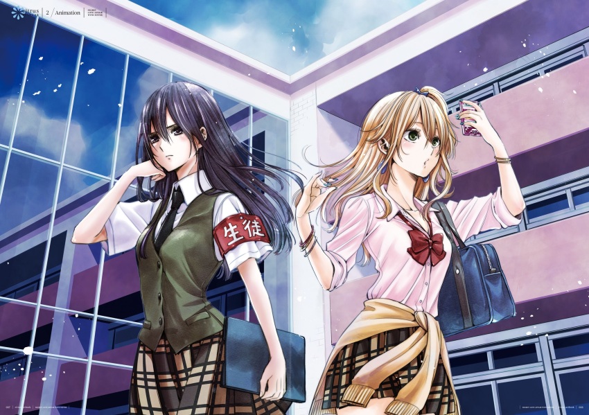 2girls aihara_academy_school_uniform aihara_mei aihara_yuzu black_hair blonde_hair breasts citrus_(saburouta) clothes_around_waist earrings green_eyes highres jewelry long_hair medium_breasts multiple_girls official_art open_mouth purple_eyes saburouta school_uniform shirt siblings sisters skirt step-siblings sweater sweater_around_waist wife_and_wife
